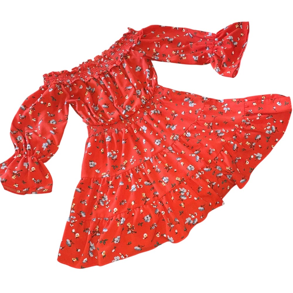 entro Large Floral Dress Off Shoulder Long puff Sleeve Smocked Mini ruffle Dress